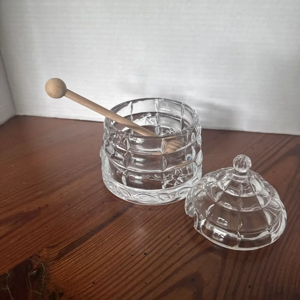 Beehive Crystal Honey  Storage Serving Glass Jar Dispenser with Wooden Dipper
